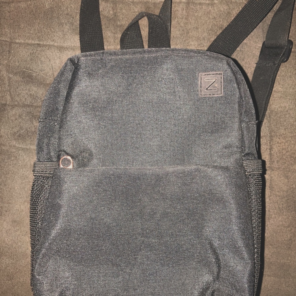 Stylish mini Black Backpack w 2 rose zipper pockets